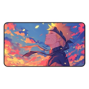 Puede incluir: Una ilustración digital de un personaje de anime de cabello amarillo con una diadema, sonriendo y mirando hacia arriba a un cielo de puesta de sol colorido.