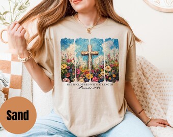 Christian Verse Women's T-Shirt, Easter Spring She Is Clothed in Strength Shirt, Religious Graphic Tee, Faith Apparel, Spring Attire, Easter