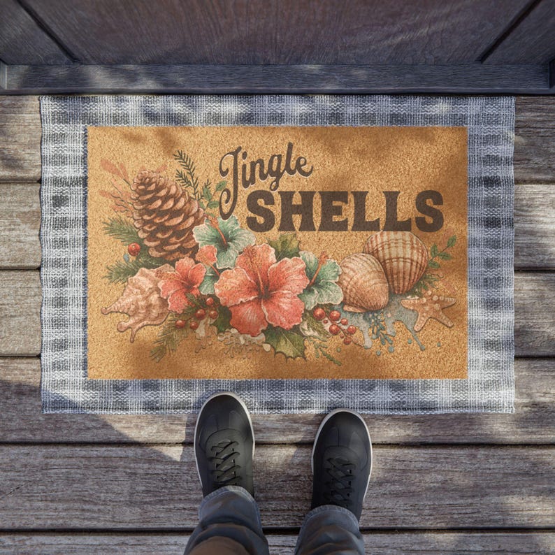 Jingle Shells Christmas Door Mat Coastal Beach Home Decor 24x16 Tufted ...