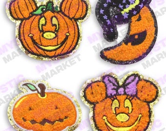Herbst & Halloween Patches, Gesticktes Eisen auf Chenille Patches, Gold Glitter Gestickter Aufnäher, Jack O Lantern, Maus Aufnäher