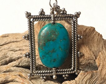 Turquoise Pendant, Turquoise Necklace, Silver Framed Pendant Necklace