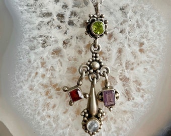 Victorian Charm Necklace, Silver Gemstone Necklace, Peridot Necklace, Garnet Necklace, Amethyst Necklace, Moonstone Necklace, Charm Necklace