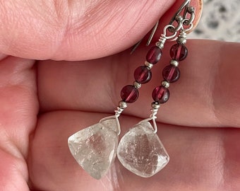 Garnet Earrings, Quartz Crystal Earrings, Briolette Earrings, Boho Earrings, OOAK Earrings, Dangle Earrings, Mismatched earrings