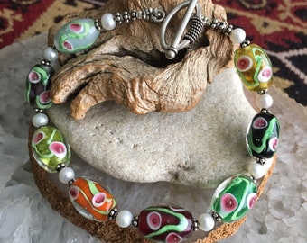 Millefiori Bracelet, Freshwater Pearl Bracelet, Boho Bracelet, Glass Bead Bracelet, Colorful Bracelet, OOAK Bracelet,