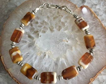 Czech Glass Bracelet, Boho Bracelet, Hill Tribe Silver Bracelet, Caramel and Cream Bracelet, abbyhorowitzdesigns, ooak bracelet