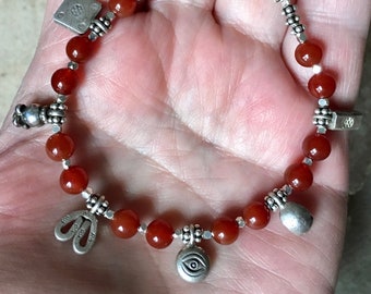 Carnelian Charm Bracelet, Silver Charm Bracelet, Tribal Charm Bracelet, Tribal Bracelet, Hill Tribe Silver Charms, Boho Bracelet