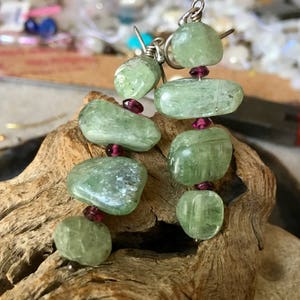 Green Kyanite Earrings, Garnet Dangle Earrings, Kyanite Earrings, Artisan Earrings, Long Earrings, OOAK Earrings, Boho Earrings, Green