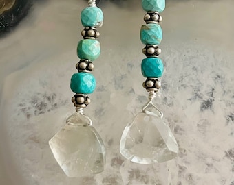 Turquoise Earrings, Quartz Crystal Earrings, Boho Earrings, OOAK Earrings, Hill Tribe Silver Earrings, Dangle Earrings, abbyhorowitzdesigns