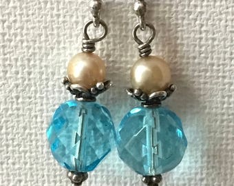 Crystal Earrings, Vintage Crystal Earrings, Blue Crystal Earrings, Pearl Earrings, Silver Earrings, Sparkly Earrings, Victorian Style