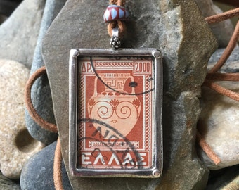 Vase of Dipylon Pendant, Greek stamp pendant, leather necklace, unisex necklace, men's jewelry, women's jewelry, travel necklace,