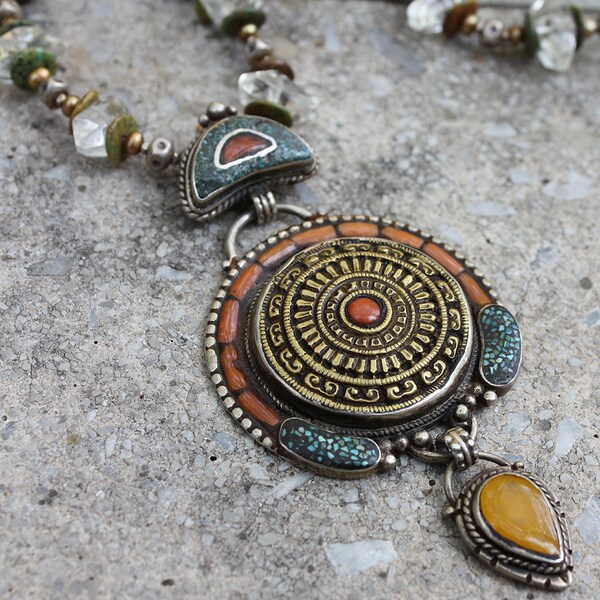 Lemon Citrine Crystal Shamanic Necklace with Vintage Tibetan Pendant