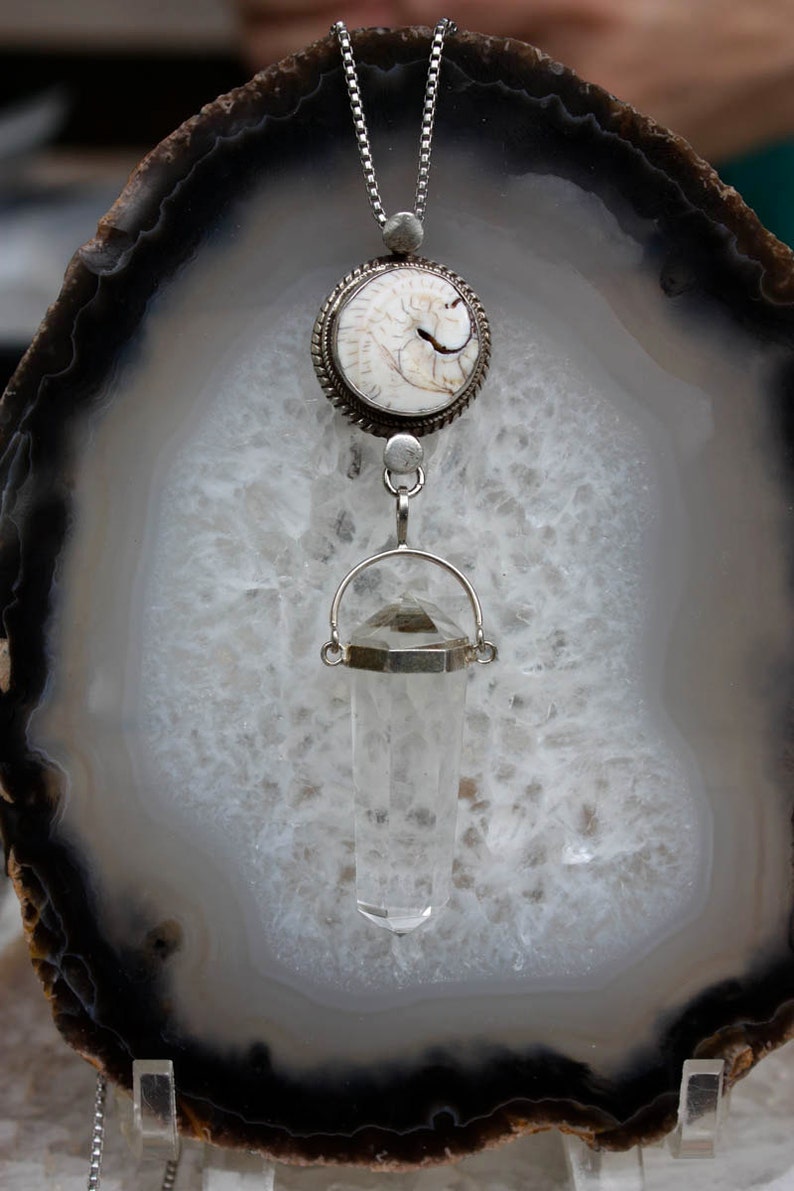 Talisman Silver Framed Naga Conch Double Terminated Quartz Crystal Talisman Necklace image 2