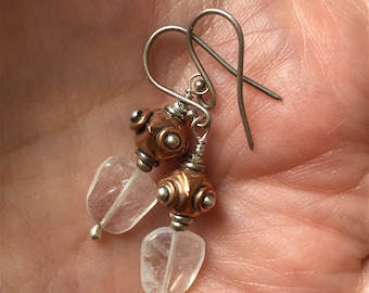 Moonstone Earrings, Copper Earrings, Silver Bali Bead Dangle Earrings, Moonstone Dangle Earrings, Steampunk Earrings, Artisan Earrings