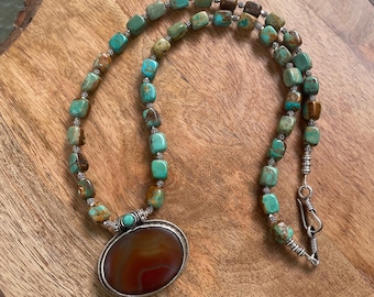Southwestern Turquoise Necklace | Vintage Carnelian Pendant | Tribal Silver Jewelry | Bold Boho Statement