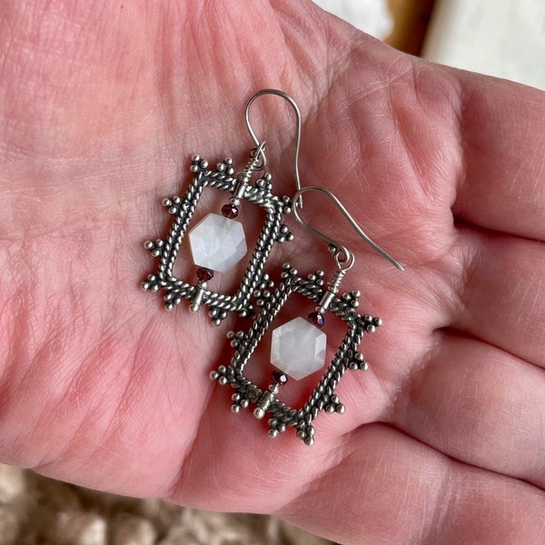 Moonstone Earrings, Silver Framed Moonstone Earrings, Boho Earrings, Boho Jewelry, Gemstone Earrings, OOAK Earrings, Sacred Adornments