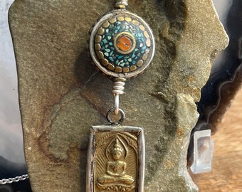 Buddha Talisman, Buddha Necklace, Mosaic Pendant, Turquoise Pendant, Coral Pendant, Silver Pendant, Spiritual Jewelry, Buddhist Jewelry