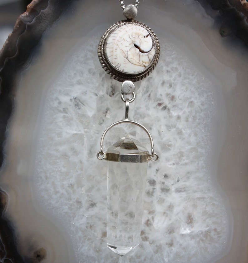 Talisman Silver Framed Naga Conch Double Terminated Quartz Crystal Talisman Necklace image 3