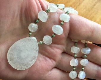 Solar Quartz and Moonstone Necklace, Moonstone Necklace, Solar Quartz Necklace, Boho Necklace, Crystal NecklaceHill Tribe Silver Necklace,