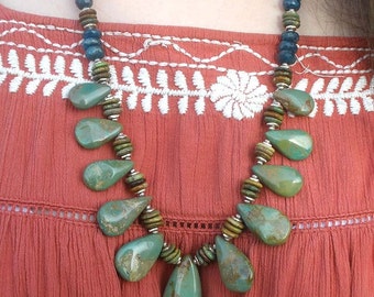 Chunky Turquoise Necklace: Apatite & Silver Hill Tribe Beads