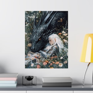 May include: A black dragon with orange eyes is sleeping with a woman in silver armor. The woman has long white hair and is wearing a silver breastplate. They are both lying in a field of flowers.