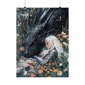 May include: A white-haired woman in armor sleeps peacefully with a large black dragon. The dragon's head rests on the woman's shoulder, and they are surrounded by a field of colorful flowers.