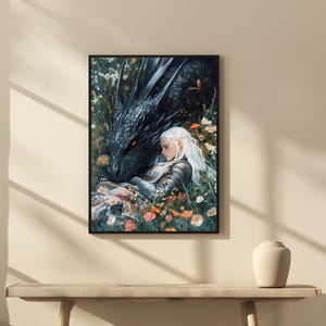 May include: A black dragon with green eyes and a white woman with long silver hair are lying together in a field of flowers. The dragon's head is resting on the woman's shoulder. The woman is wearing a silver armor and a white dress.