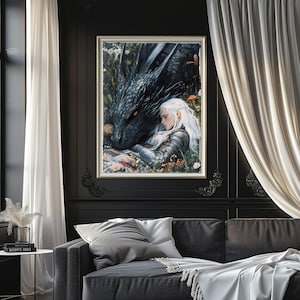 May include: A painting of a woman with long white hair lying next to a black dragon. The woman is wearing a silver and white dress and the dragon has red eyes. The background is a forest with green leaves and flowers.