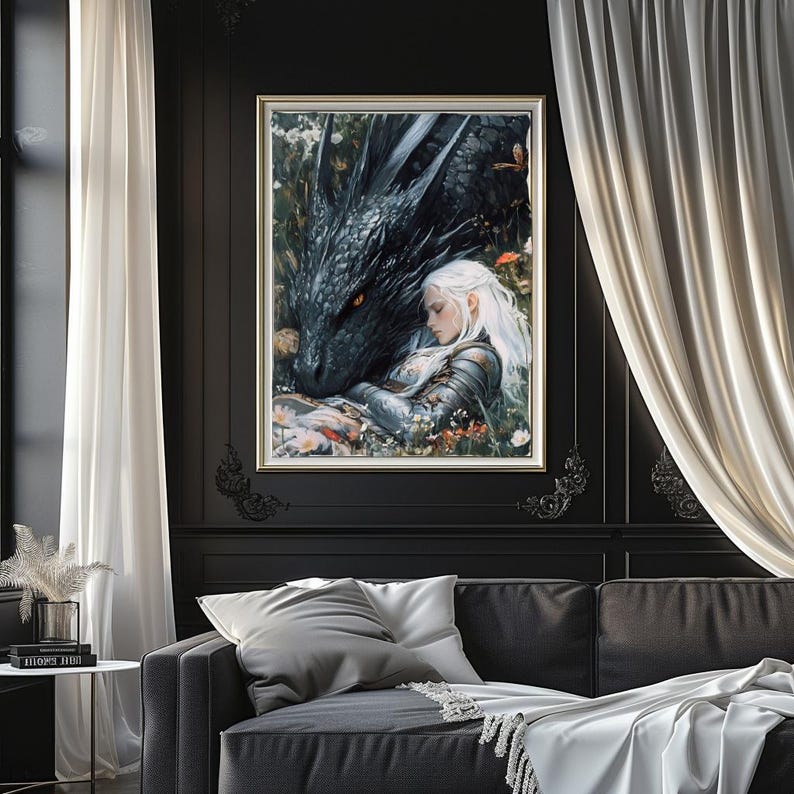 May include: A painting of a woman with long white hair lying next to a black dragon. The woman is wearing a silver and white dress and the dragon has red eyes. The background is a forest with green leaves and flowers.