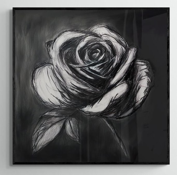 Charcoal Rose Still Life Painting, Textured Shading Artwork, Floral Wall Art, Black and White Home Decor, Gift Idea