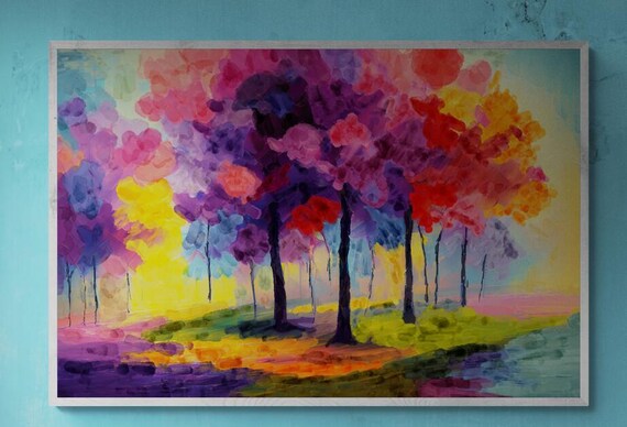 Watercolor Forest Tree Art, Colorful Leaves Painting, Nature Wall Decoration