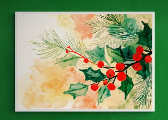 Watercolor Christmas Holly Art, Green Foliage Painting, Holiday Wall Art
