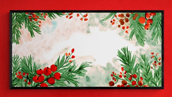 Christmas Berries Watercolor Art, Green Foliage Painting, Holiday Wall Art