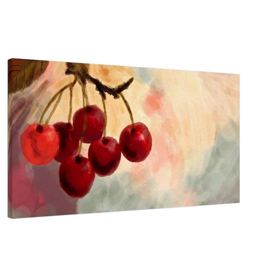 Vibrant Cherry Still Life Canvas Art - Summer Harvest Watercolor Print - 50cm x 100cm