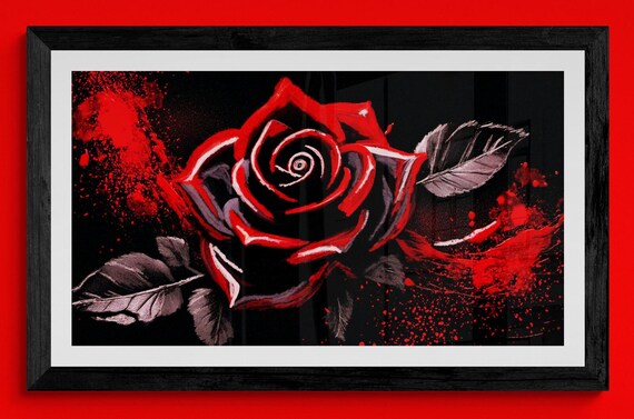 Watercolor Splash Red Rose Art, Black Background Print, Floral Wall Art