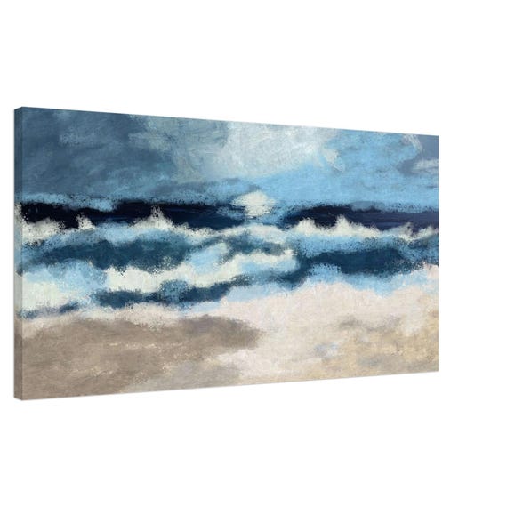 Bold Modern Seascape Canvas - Deep Indigo and Turquoise Wall Art  - 50cm x 100cm
