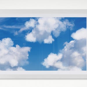 May include: A framed print featuring a vibrant blue sky filled with fluffy white clouds. The artwork is encased in a clean, white frame, enhancing the bright and airy feel of the scene. This piece is perfect for adding a touch of nature to any space.