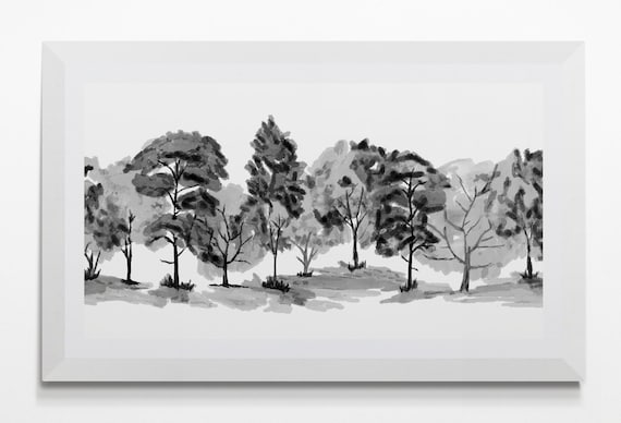 Monochrome Watercolor Autumn Landscape Wall Art, Forest Trees Bushes, Nature Painting