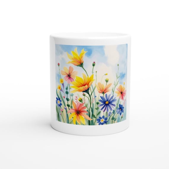 Floral Meadow Ceramic Mug, Vivid Flower Design (11oz)