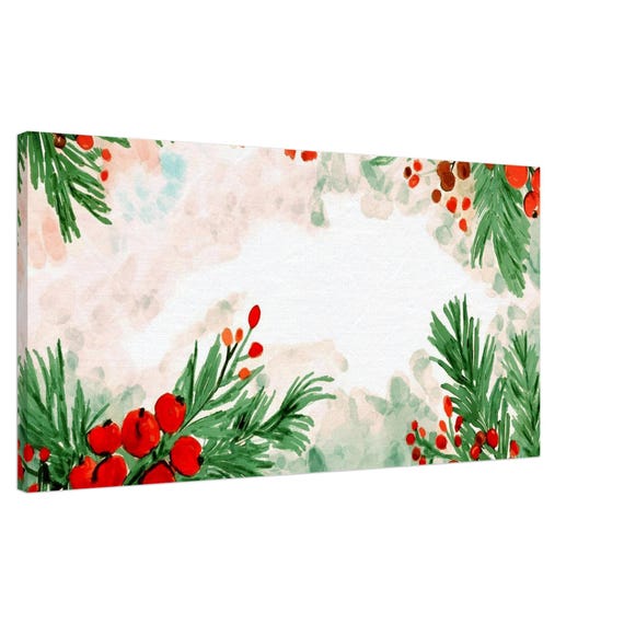 Watercolor Christmas Berries Canvas Art - Holiday Wall Decor - 50cm x 100cm