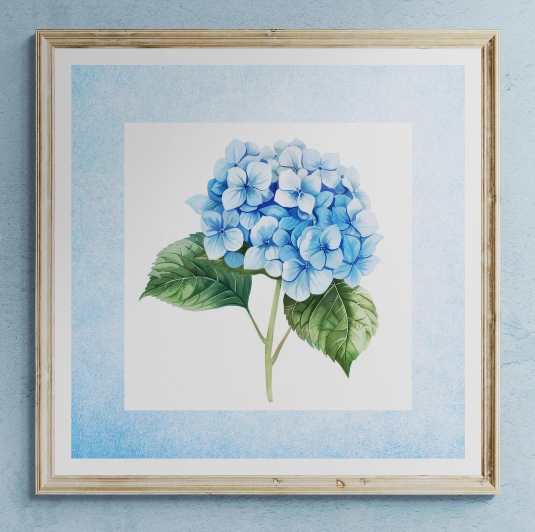Blue Hydrangea Watercolor Grandmillennial Print, Floral Wall Art