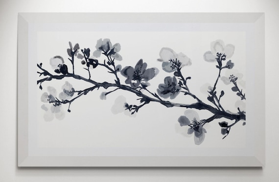 Monochrome Watercolor Floral Branch Art, Delicate Blossoms Wall Decor, Botanical Painting