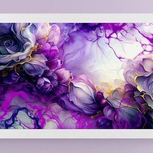 May include: Abstract floral art print in a white frame. The artwork features a blend of purple, lavender, and gold hues, with fluid, watercolor-like textures. The design showcases stylized flowers and organic shapes.
