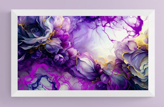 Abstract Alcohol Ink Artwork, Purple Pink Gold Floral Composition Painting