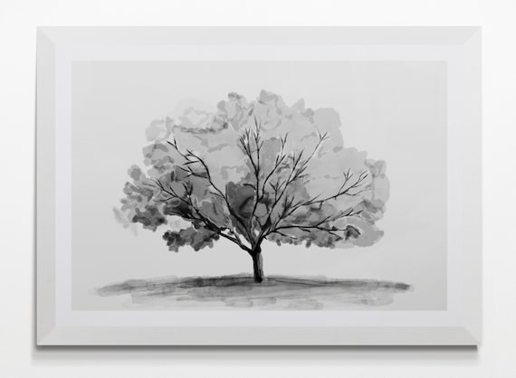 Monochrome Watercolor Tree Wall Art, Serene Tree Art, Tranquil Branches Painting, Delicate Texture Art