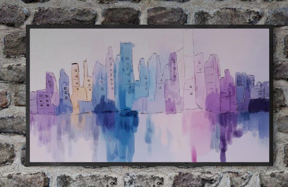 Watercolor City Skyline Abstract Painting, Pastel Art Print, Cityscape Wall Art