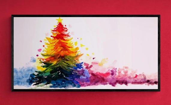 Christmas Tree Rainbow Watercolor Painting, Colorful Holiday Art, Christmas Gift