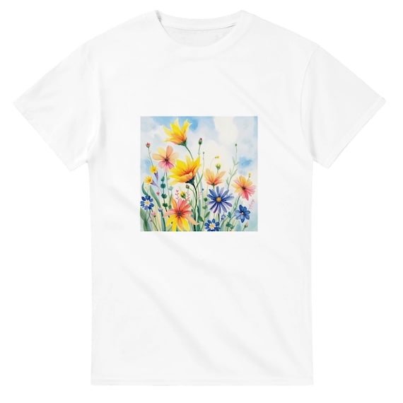 Wild Hearted Bloom T-Shirt - Abstract Meadow Wildflowers Watercolor Design - Large