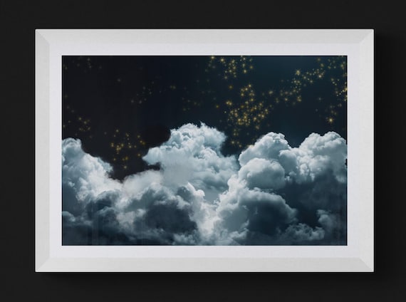 Clouds on Black Background Art Print, Minimalist Wall Decor, Cloudscape Poster, Monochrome Art, Modern Art Print