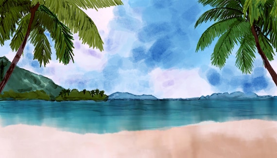Watercolor Tropical Island Print, Exotic Plants Artwork, Blue Sea Poster,