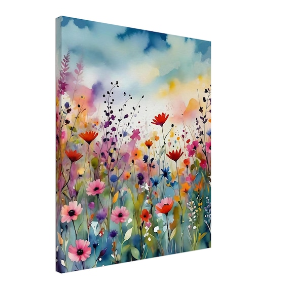 Vibrant Watercolor Meadow Wildflower Canvas Art - 50cm x 60cm